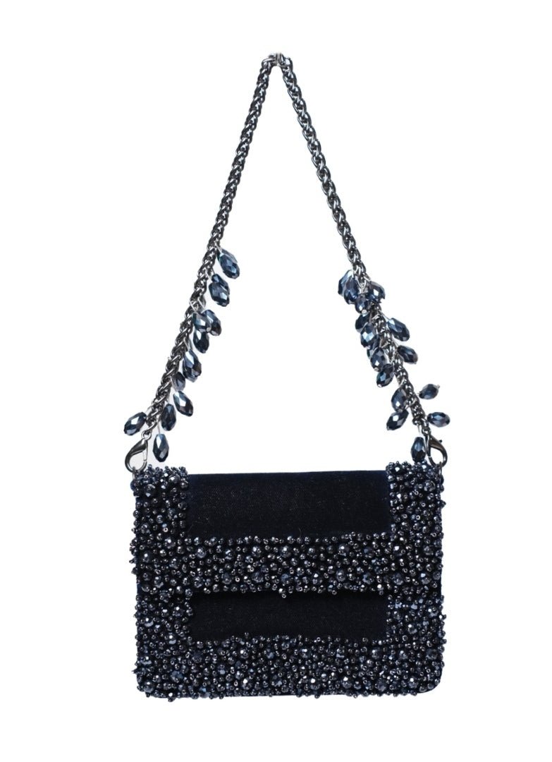 Navy Blue Suede Crystal Embellished Mini Bag House of Kosha - Fabilicious Fashion