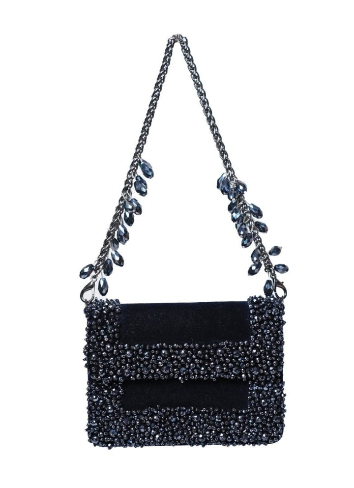 Navy Blue Suede Crystal Embellished Mini Bag House of Kosha - Fabilicious Fashion