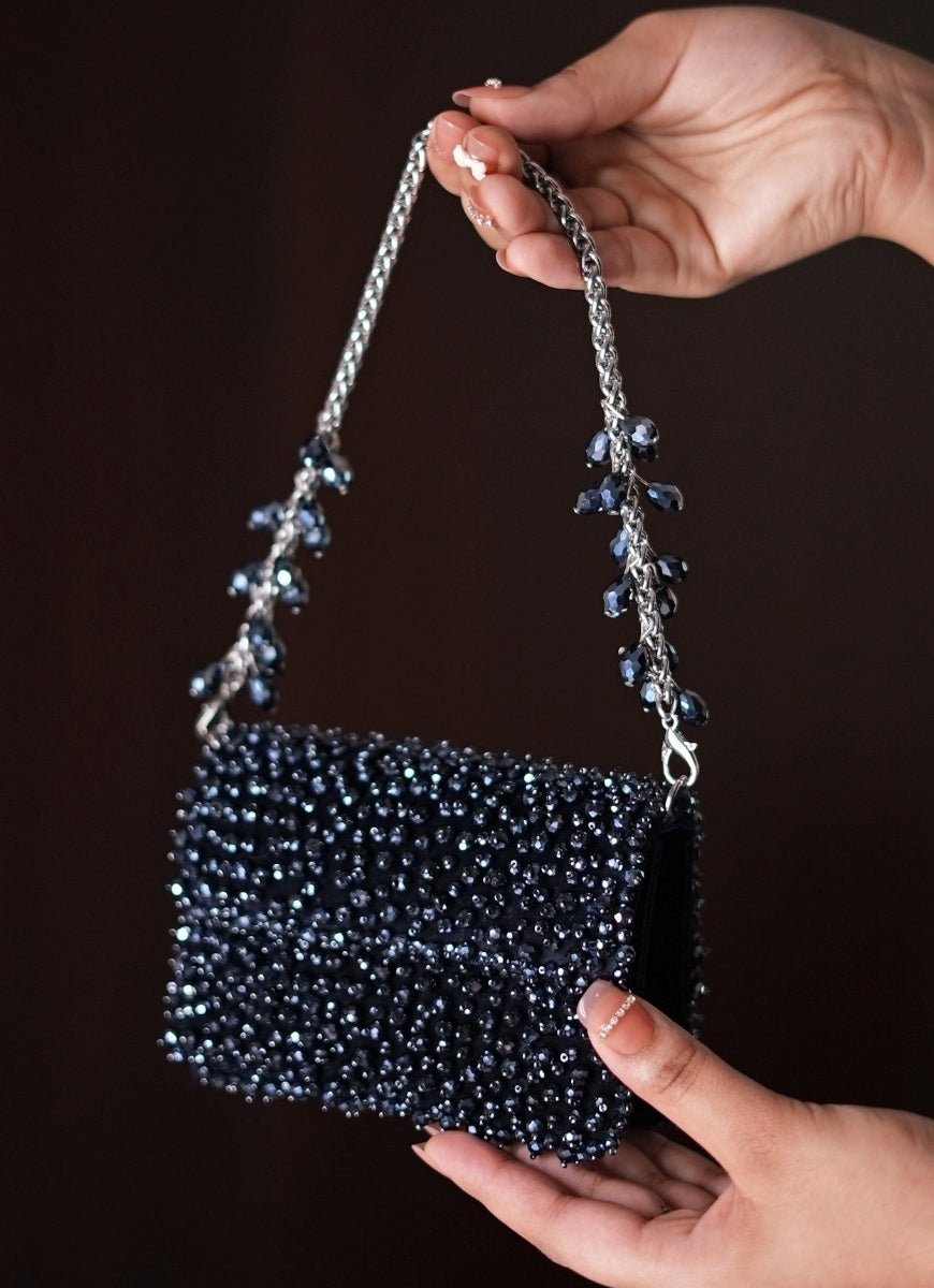 Navy Blue Suede Crystal Embellished Mini Bag House of Kosha - Fabilicious Fashion