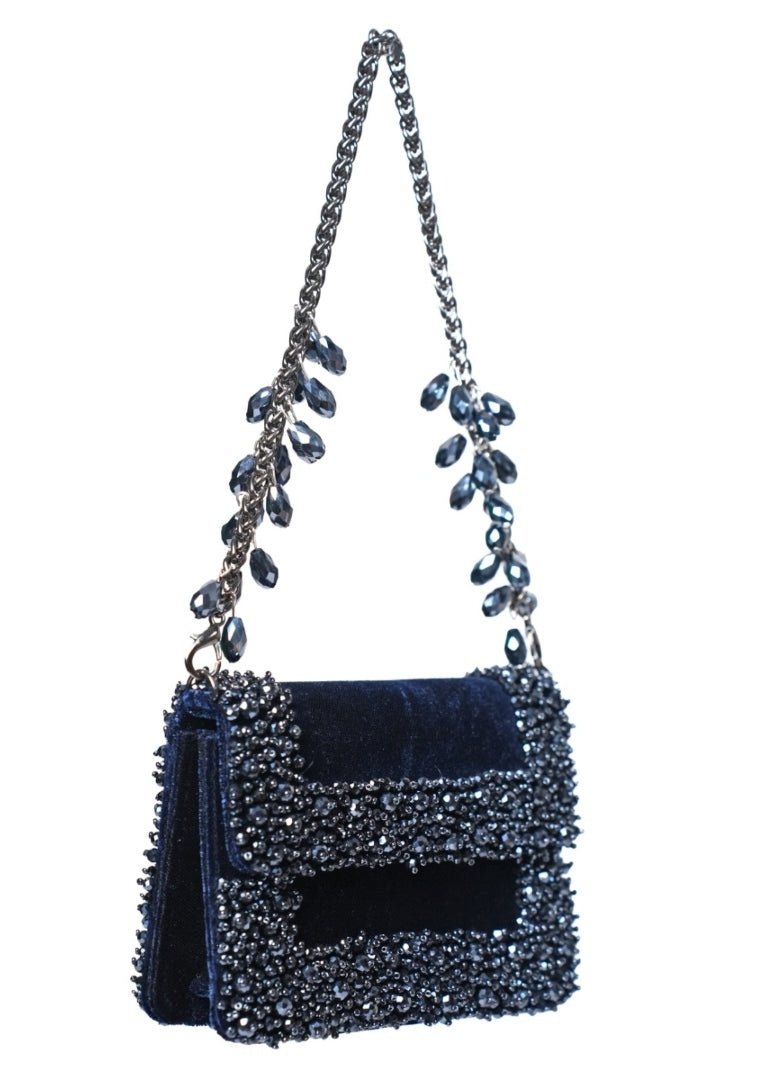 Navy Blue Suede Crystal Embellished Mini Bag House of Kosha - Fabilicious Fashion