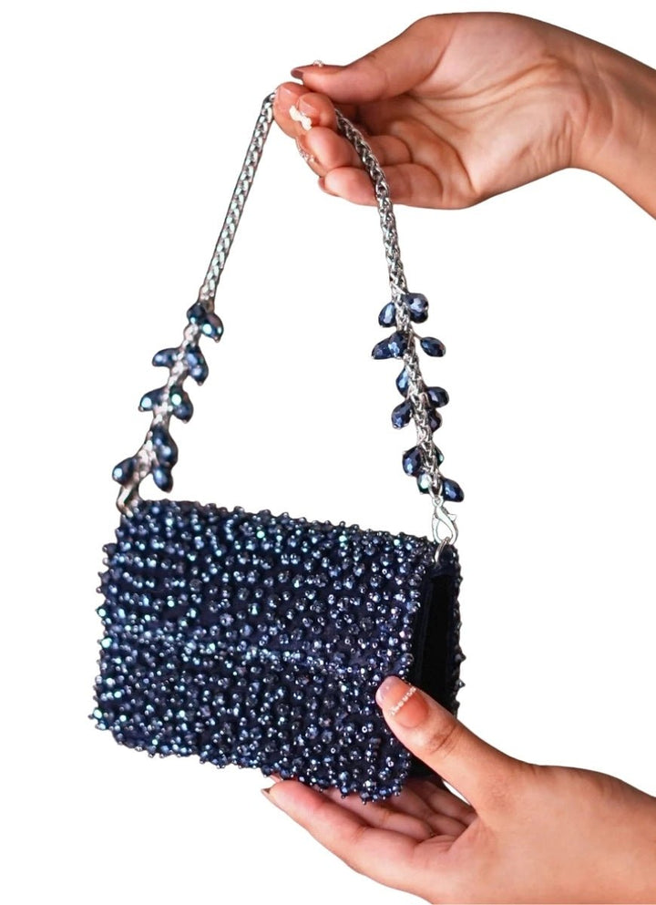 Navy Blue Suede Crystal Embellished Mini Bag House of Kosha - Fabilicious Fashion