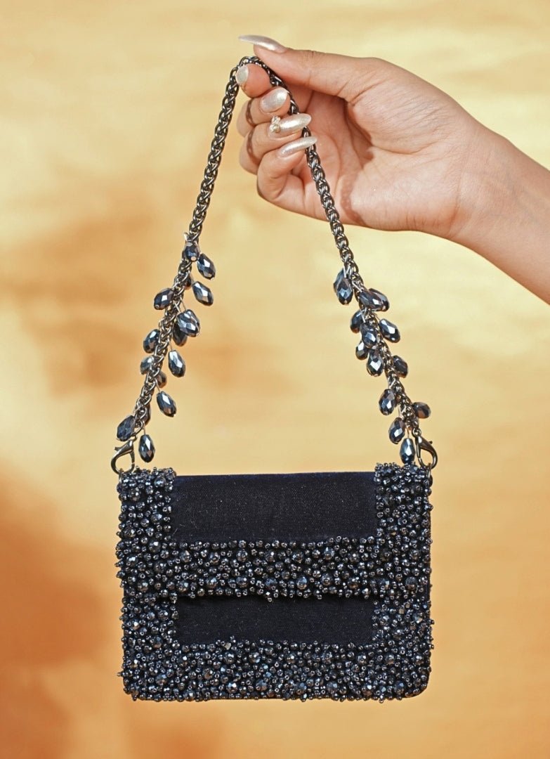 Navy Blue Suede Crystal Embellished Mini Bag House of Kosha - Fabilicious Fashion