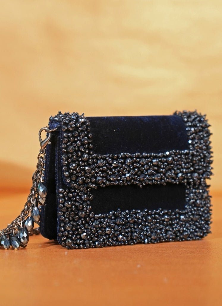Navy Blue Suede Crystal Embellished Mini Bag House of Kosha - Fabilicious Fashion