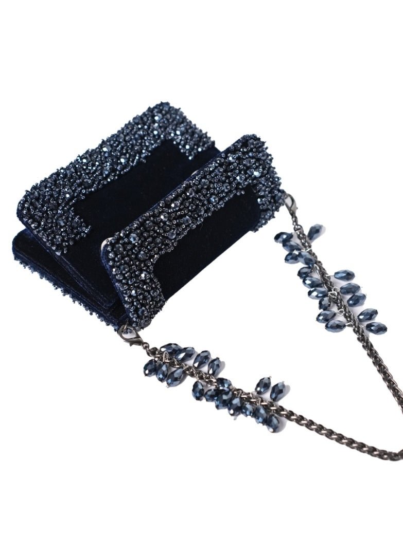 Navy Blue Suede Crystal Embellished Mini Bag House of Kosha - Fabilicious Fashion