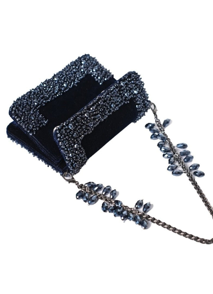 Navy Blue Suede Crystal Embellished Mini Bag House of Kosha - Fabilicious Fashion
