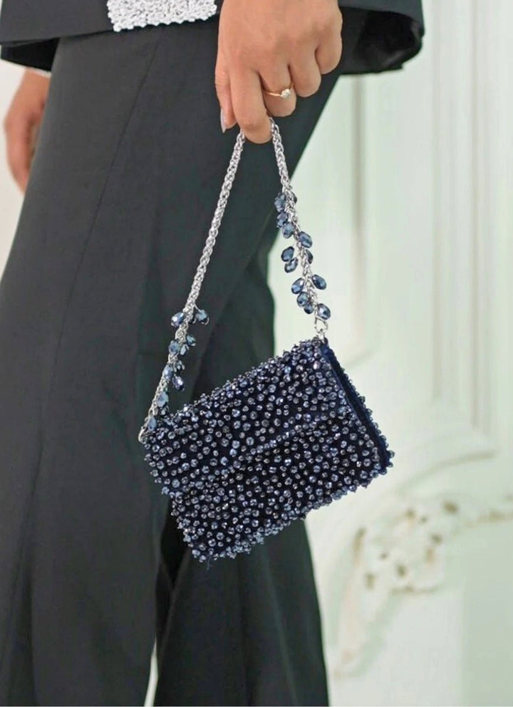 Navy Blue Suede Crystal Embellished Mini Bag House of Kosha - Fabilicious Fashion