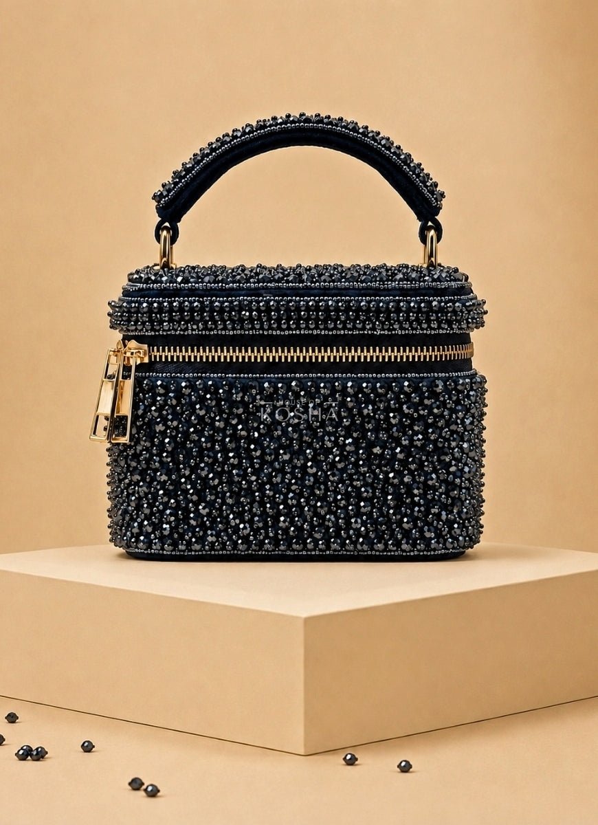 House of Kosha Navy Blue Suede Embroidered Vanity BagFabilicious Fashion