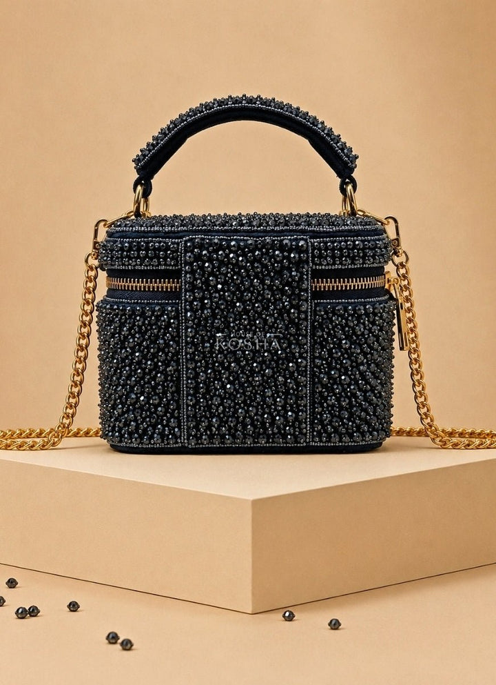 House of Kosha Navy Blue Suede Embroidered Vanity BagFabilicious Fashion