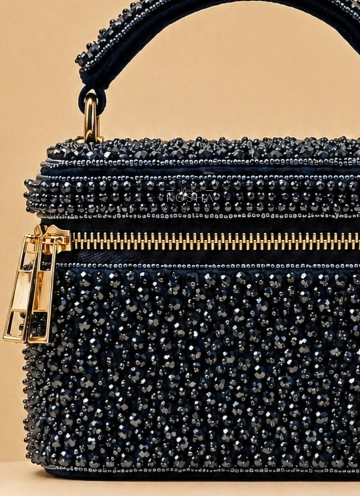 House of Kosha Navy Blue Suede Embroidered Vanity BagFabilicious Fashion