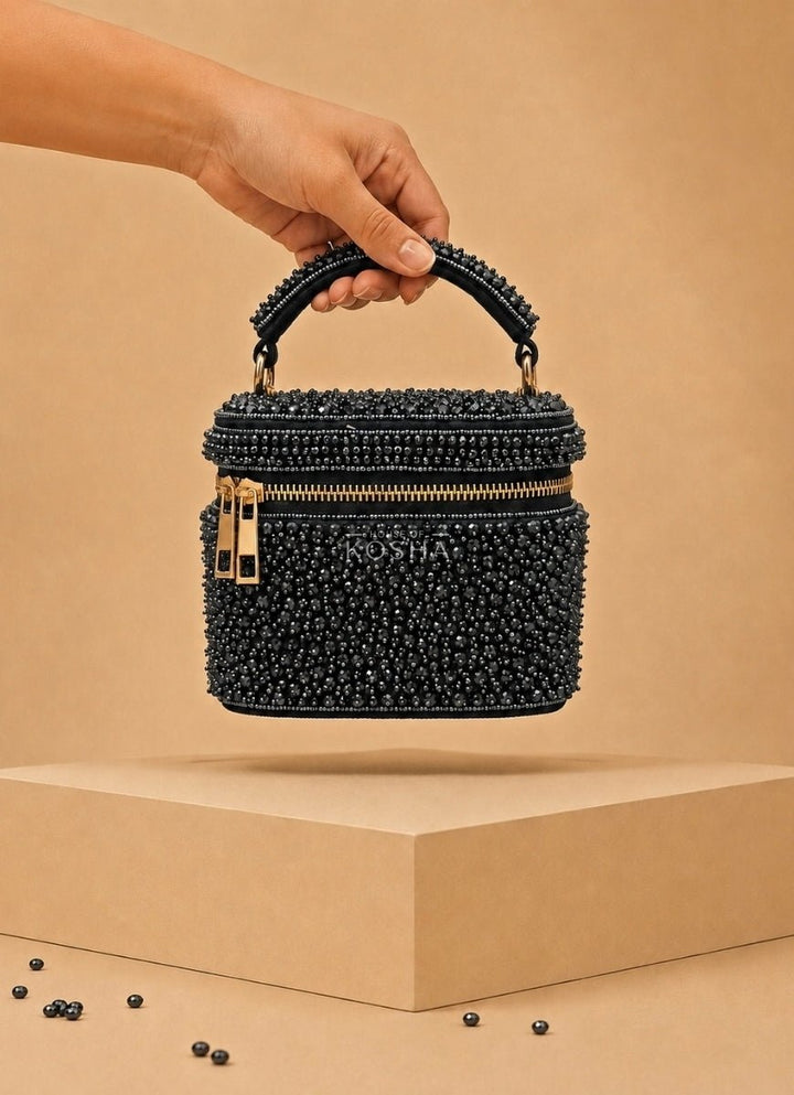 House of Kosha Navy Blue Suede Embroidered Vanity BagFabilicious Fashion