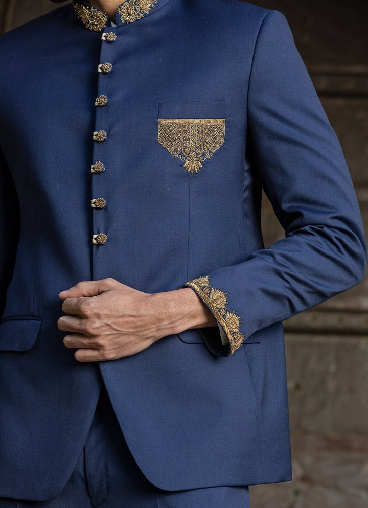 Navy Blue Suiting Jodhpuri Set Nitika Gujral - Men - Fabilicious Fashion