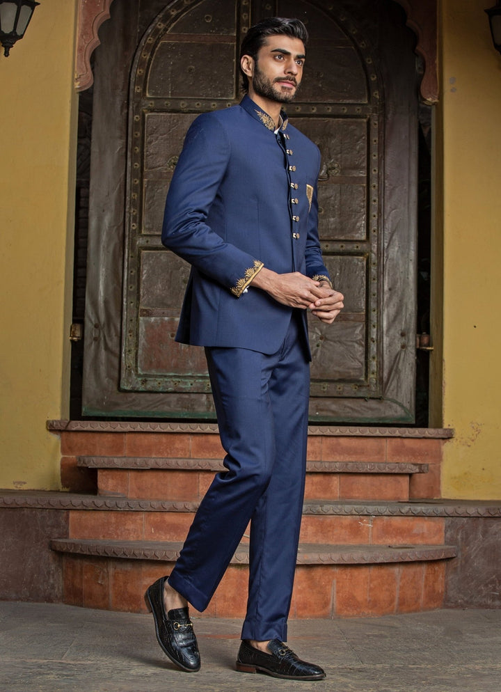 Navy Blue Suiting Jodhpuri Set Nitika Gujral - Men - Fabilicious Fashion