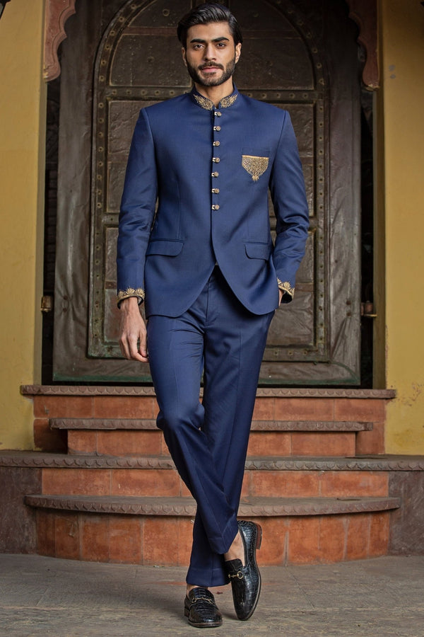 Navy blue suiting jodhpuri bandhgala set for men by Nitika Gujral