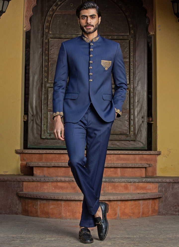 Navy Blue Suiting Jodhpuri Set Nitika Gujral - Men - Fabilicious Fashion