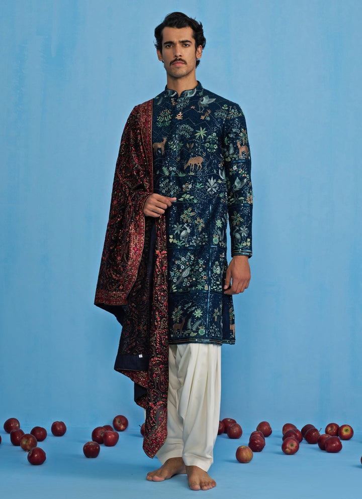 Navy Blue Swan Embroidered Georgette Kurta Set Kalpraag - Fabilicious Fashion