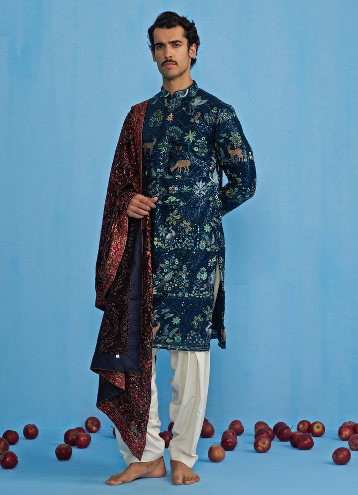 Navy Blue Swan Embroidered Georgette Kurta Set Kalpraag - Fabilicious Fashion