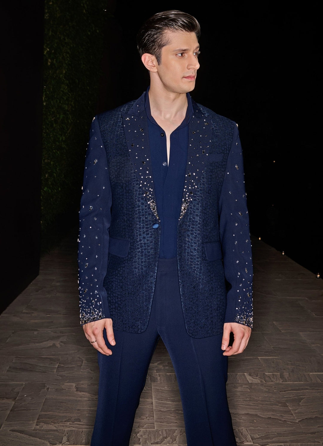 Navy Blue Textured Tuxedo Set Contrast By Parth - Fabilicious Fashion