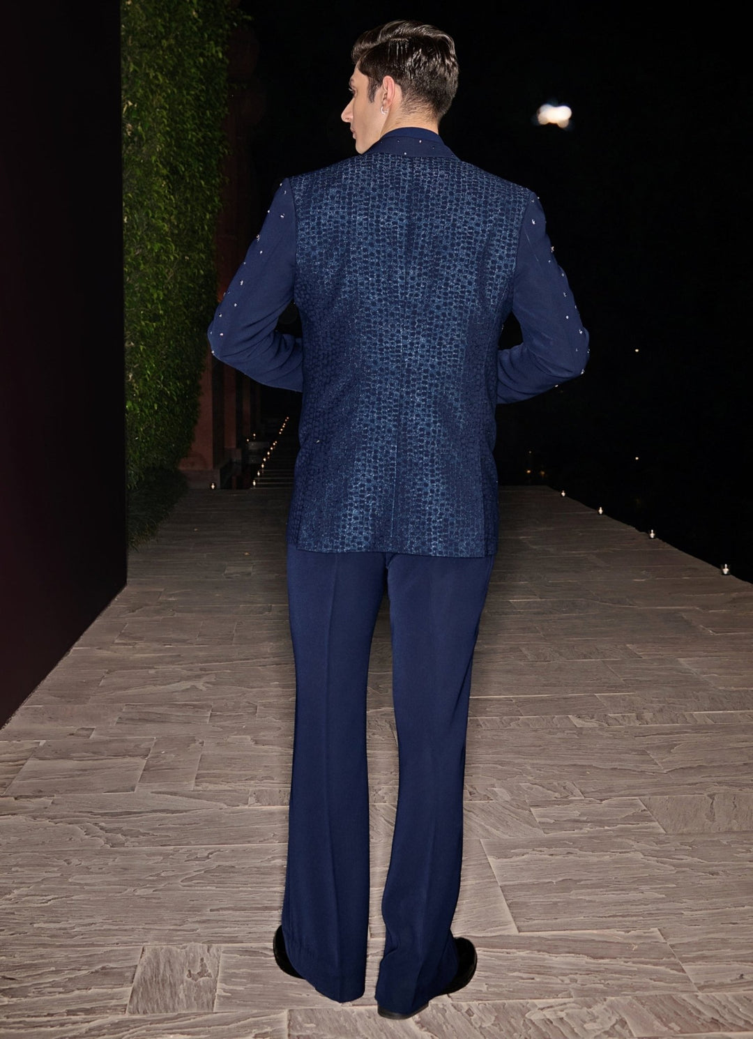 Navy Blue Textured Tuxedo Set Contrast By Parth - Fabilicious Fashion