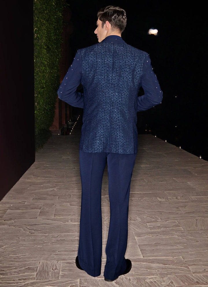Navy Blue Textured Tuxedo Set Contrast By Parth - Fabilicious Fashion