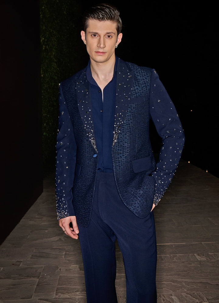 Navy Blue Textured Tuxedo Set Contrast By Parth - Fabilicious Fashion