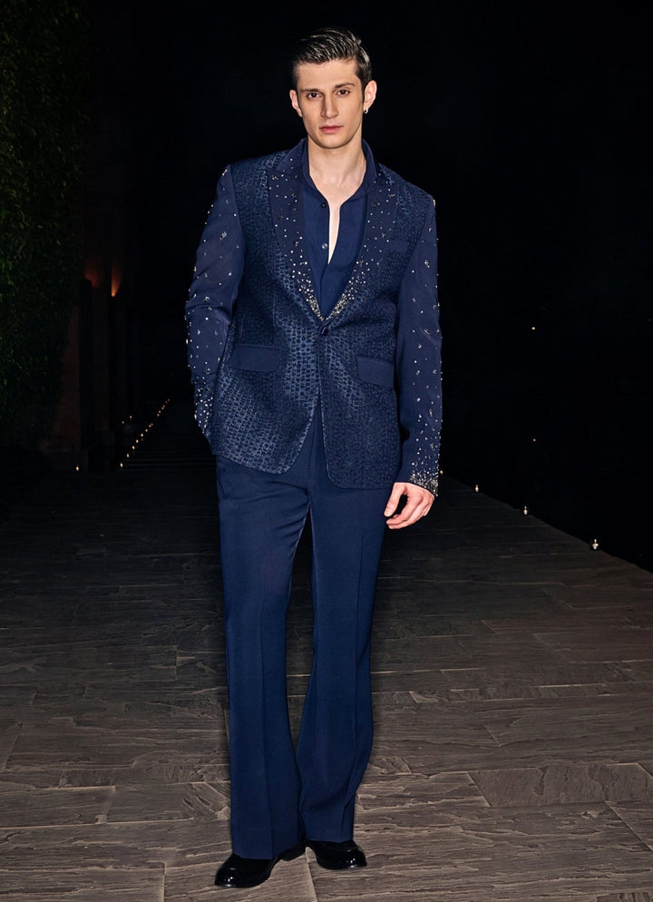 Navy Blue Textured Tuxedo Set Contrast By Parth - Fabilicious Fashion