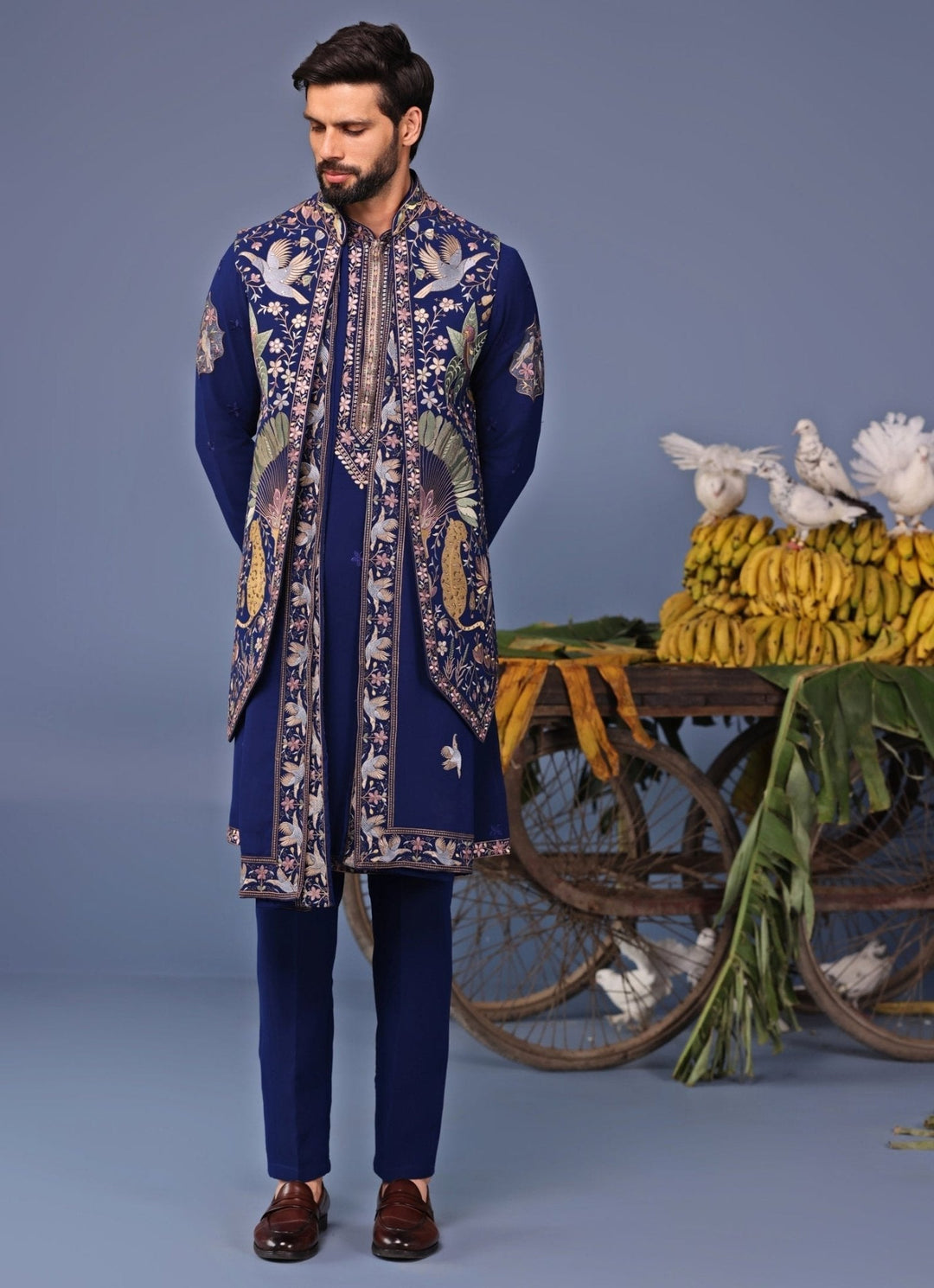 Navy Blue Thread Embroidered Kurta Pant Set with Jacket Kalpraag - Fabilicious Fashion