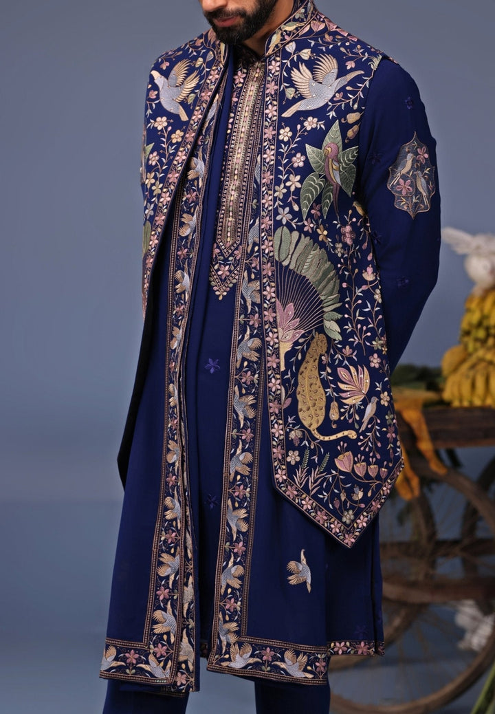 Navy Blue Thread Embroidered Kurta Pant Set with Jacket Kalpraag - Fabilicious Fashion