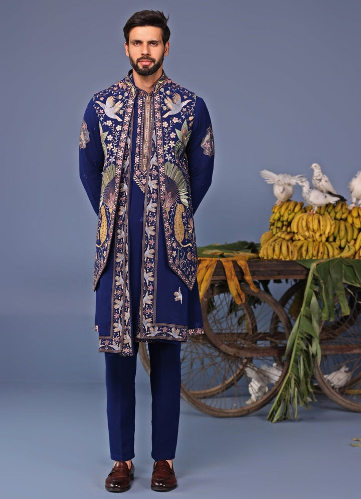 Navy Blue Thread Embroidered Kurta Pant Set with Jacket Kalpraag - Fabilicious Fashion