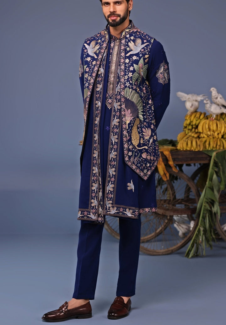 Navy Blue Thread Embroidered Kurta Pant Set with Jacket Kalpraag - Fabilicious Fashion