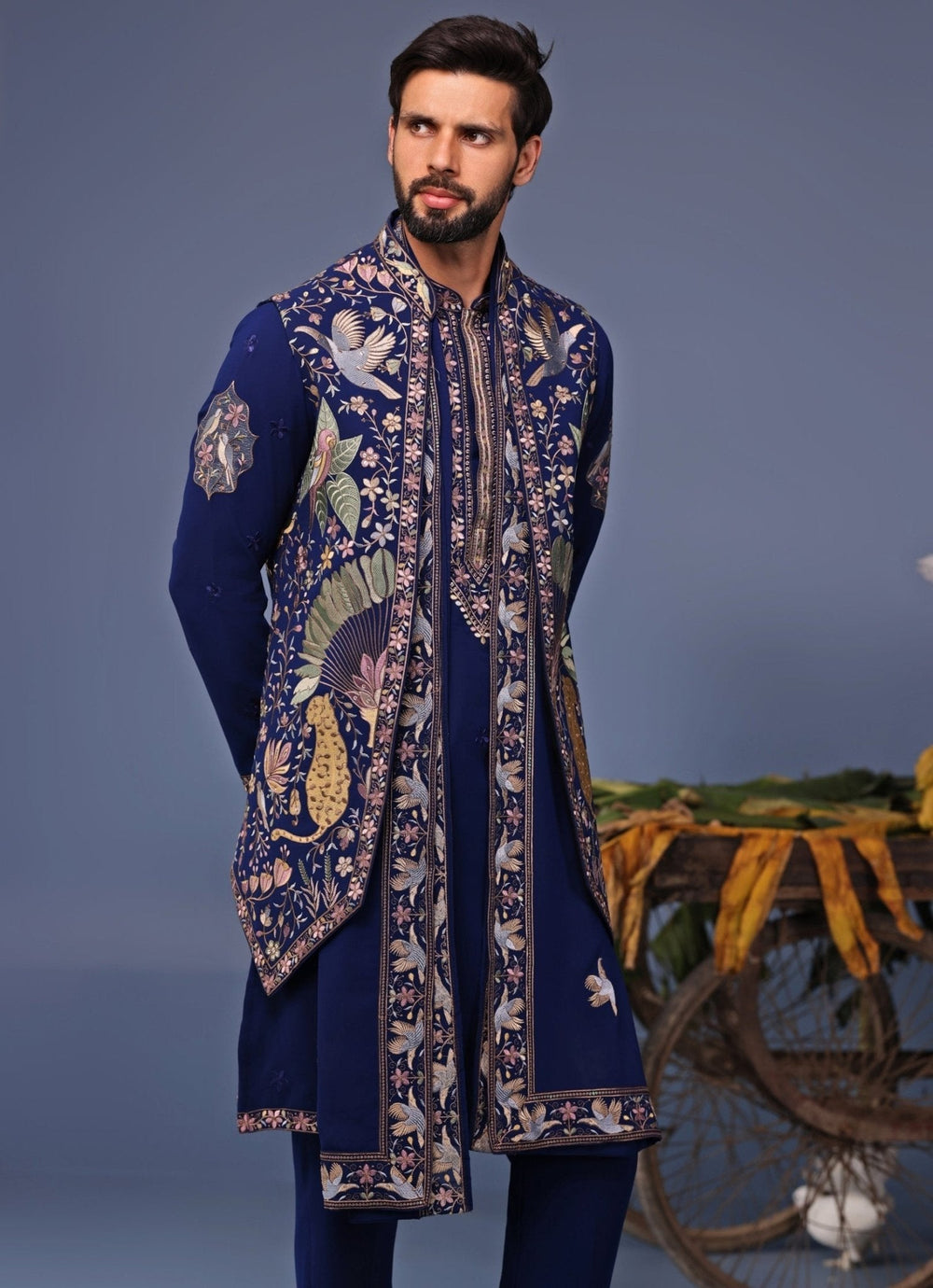 Navy Blue Thread Embroidered Kurta Pant Set with Jacket Kalpraag - Fabilicious Fashion