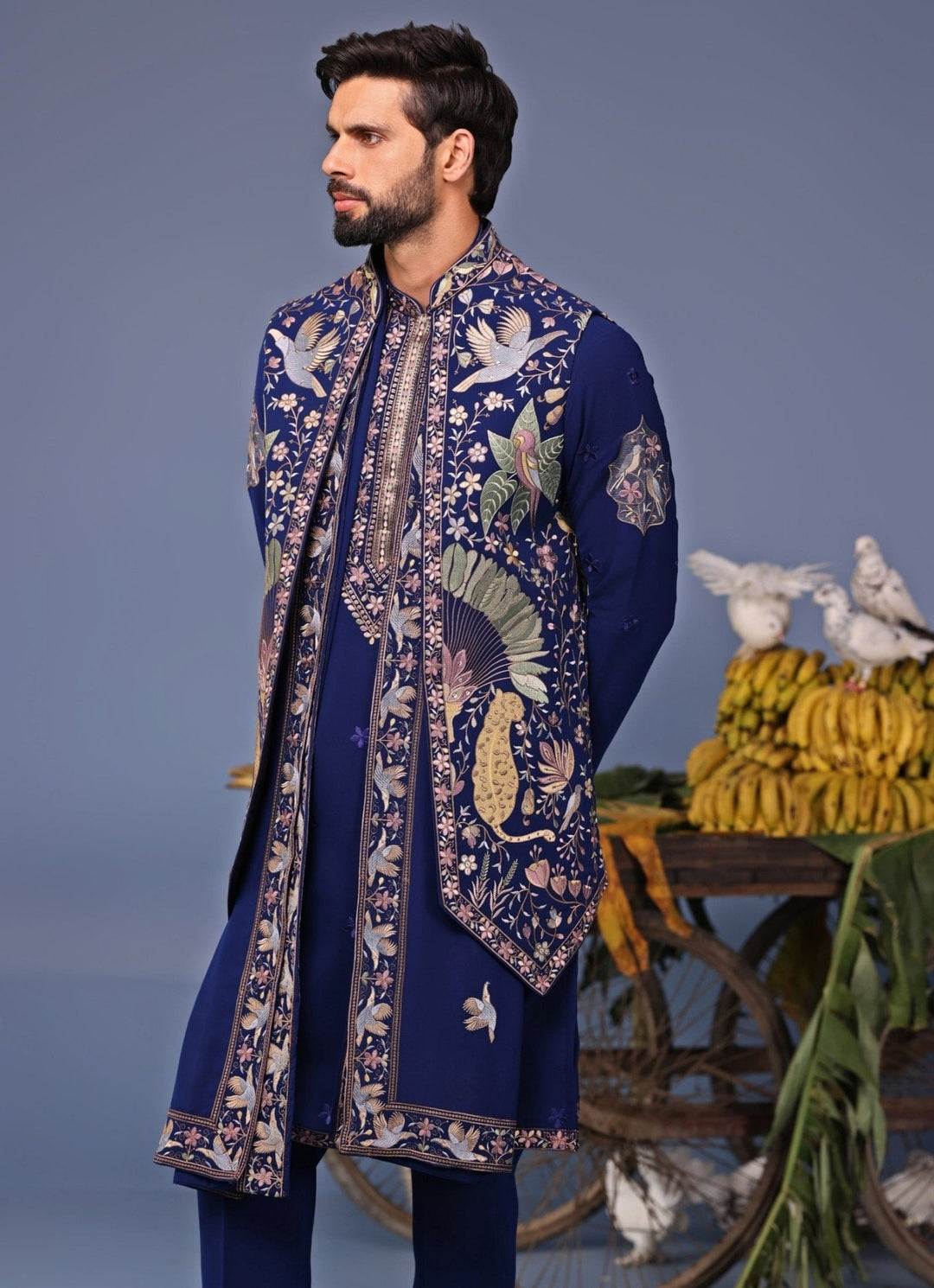 Navy Blue Thread Embroidered Kurta Pant Set with Jacket Kalpraag - Fabilicious Fashion