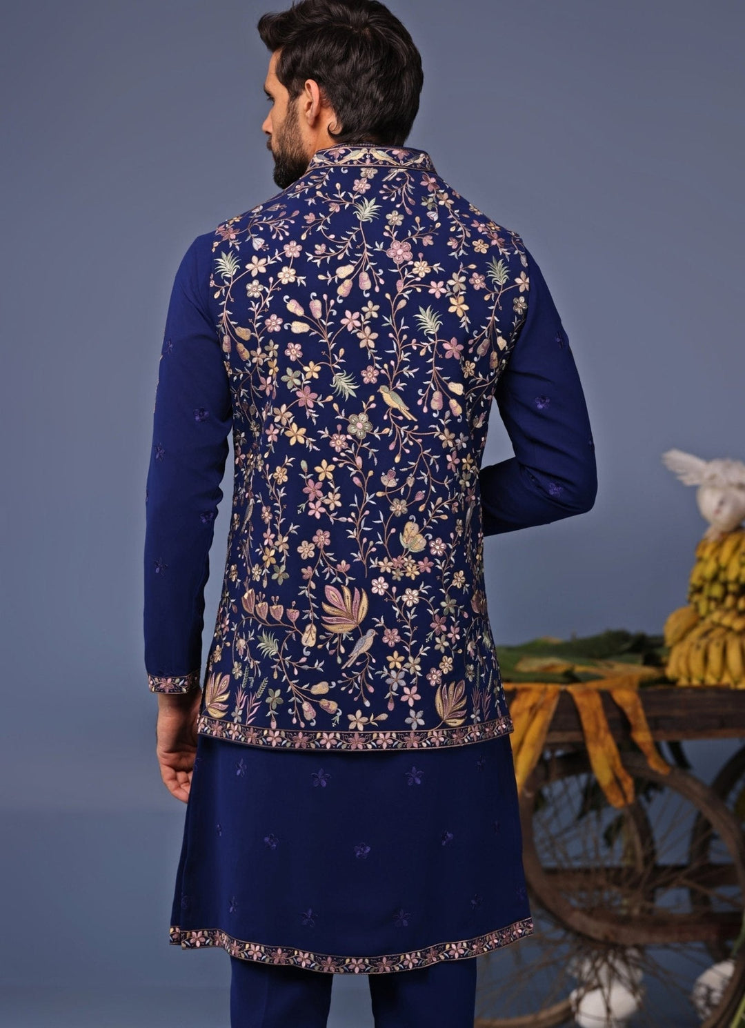 Navy Blue Thread Embroidered Kurta Pant Set with Jacket Kalpraag - Fabilicious Fashion