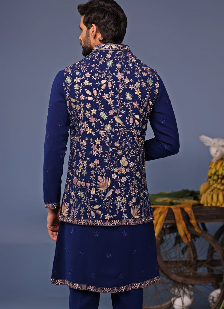 Navy Blue Thread Embroidered Kurta Pant Set with Jacket Kalpraag - Fabilicious Fashion
