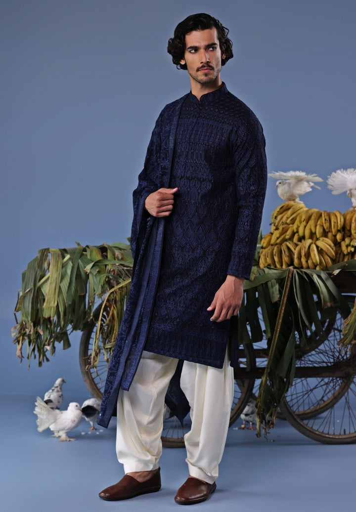 Navy Blue Thread Embroidered Kurta Patiala Set Kalpraag - Fabilicious Fashion