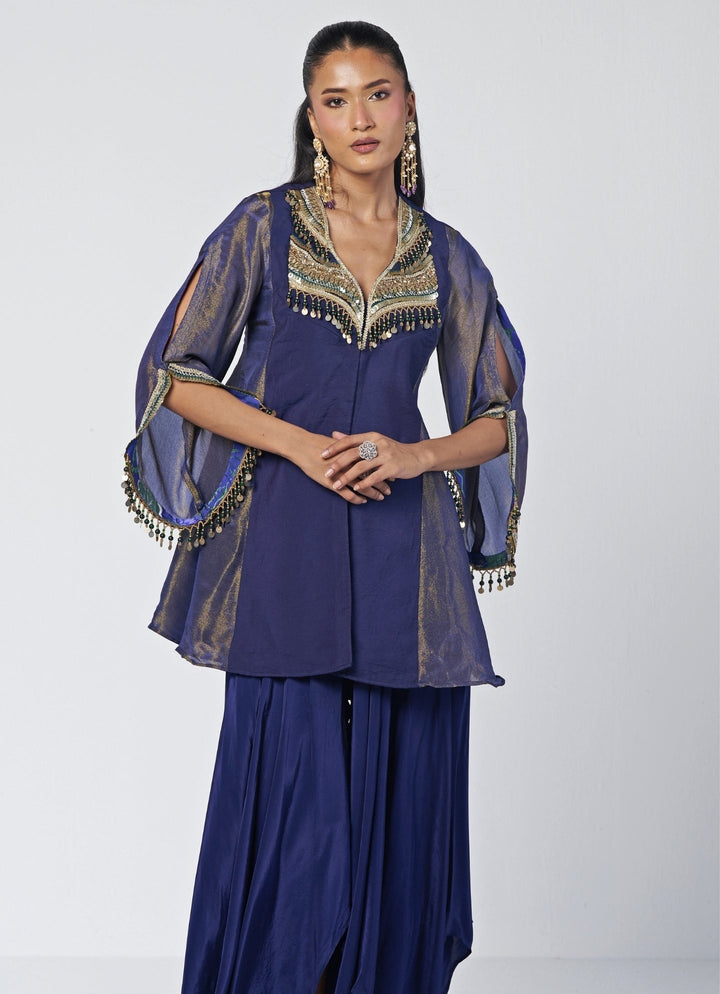 Rishi and Vibhuti Navy Blue Tissue Jacket Set With Asymmetric PantsFabilicious Fashion