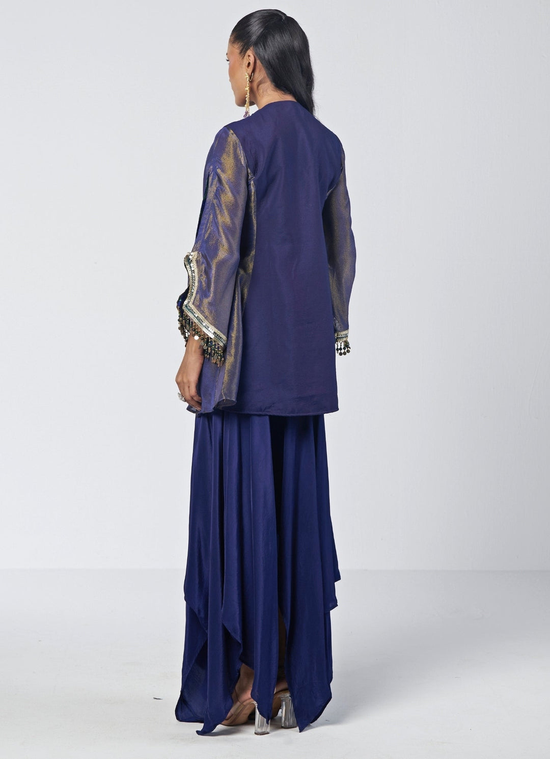 Rishi and Vibhuti Navy Blue Tissue Jacket Set With Asymmetric PantsFabilicious Fashion