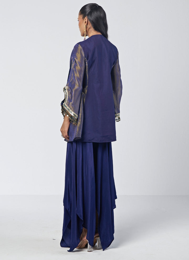 Rishi and Vibhuti Navy Blue Tissue Jacket Set With Asymmetric PantsFabilicious Fashion