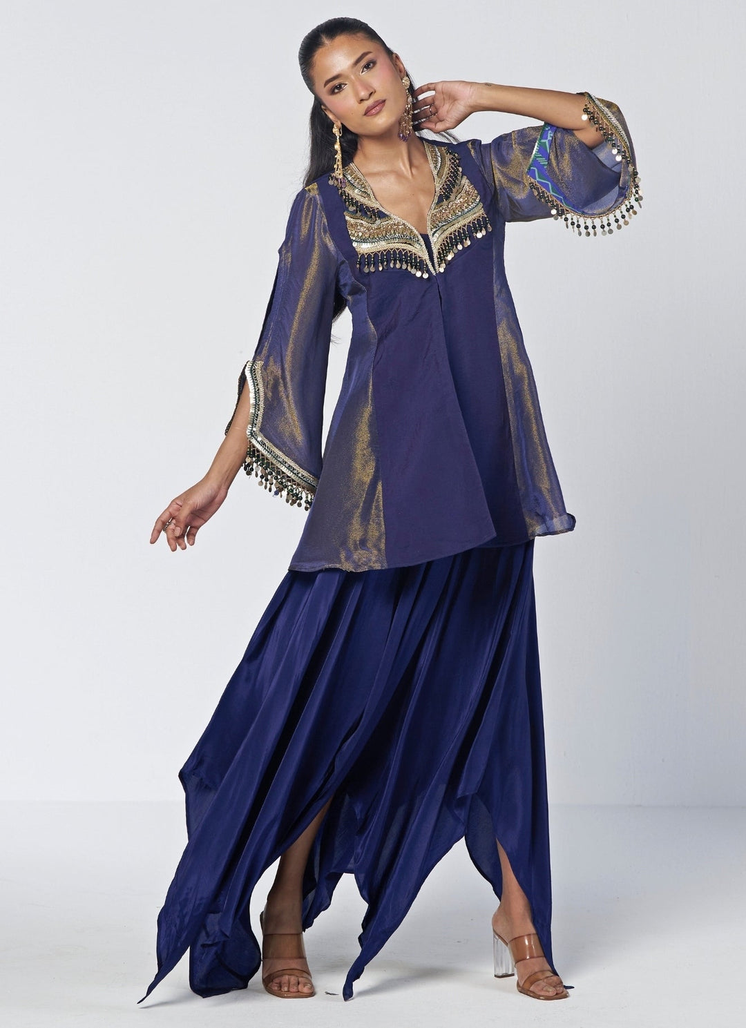 Rishi and Vibhuti Navy Blue Tissue Jacket Set With Asymmetric PantsFabilicious Fashion