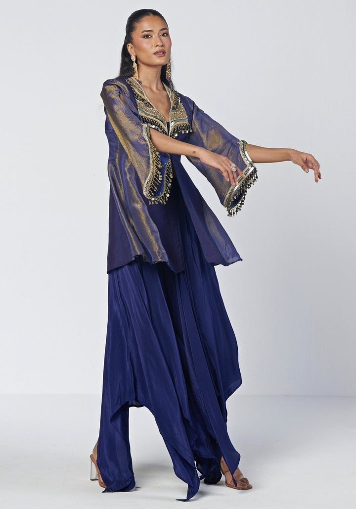 Rishi and Vibhuti Navy Blue Tissue Jacket Set With Asymmetric PantsFabilicious Fashion