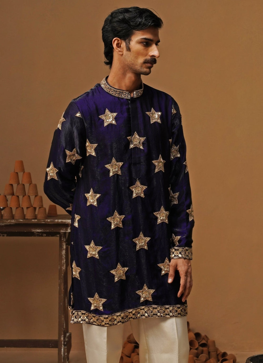 Kalpraag Navy Blue Tissue Silk Short Kurta SetFabilicious Fashion