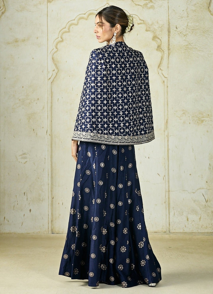 Gopi Vaid Navy Blue Tussar Blouse Sharara Set With JacketFabilicious Fashion