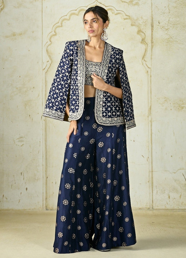Gopi Vaid Navy Blue Tussar Blouse Sharara Set With JacketFabilicious Fashion