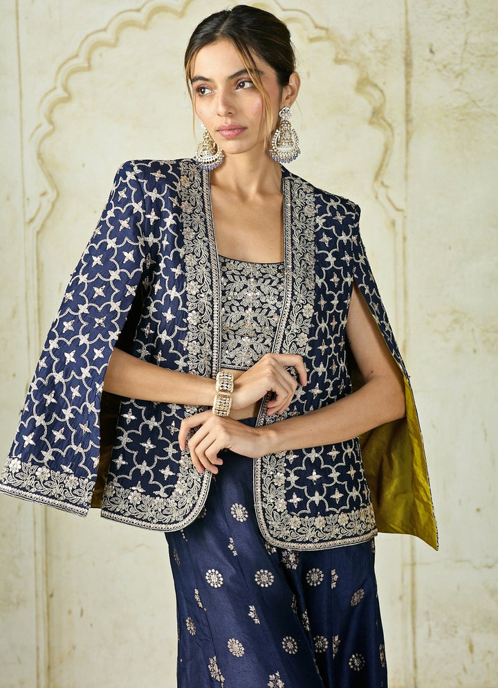 Gopi Vaid Navy Blue Tussar Blouse Sharara Set With JacketFabilicious Fashion