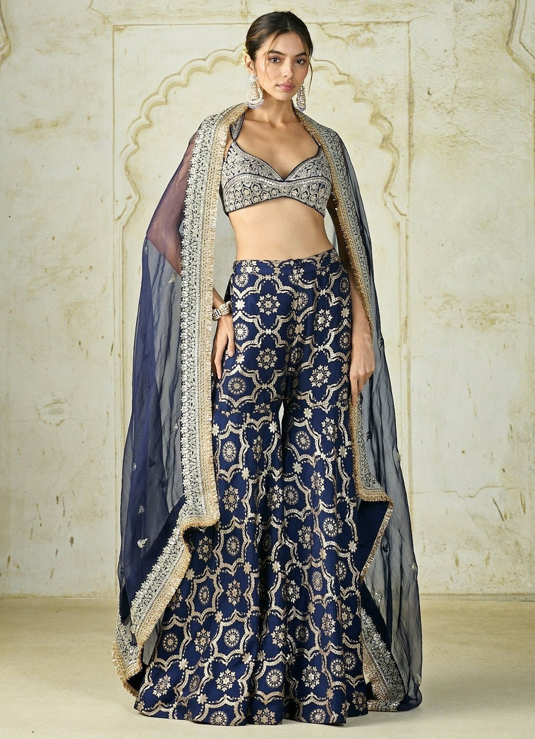 Gopi Vaid Navy Blue Tussar Blouse Sharara SetFabilicious Fashion