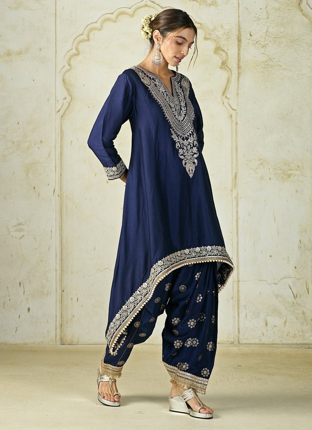 Gopi Vaid Navy Blue Tussar Farshi Salwar Kurta SetFabilicious Fashion