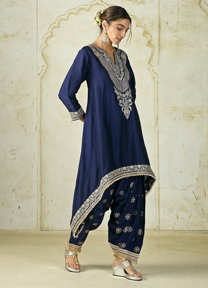 Gopi Vaid Navy Blue Tussar Farshi Salwar Kurta SetFabilicious Fashion