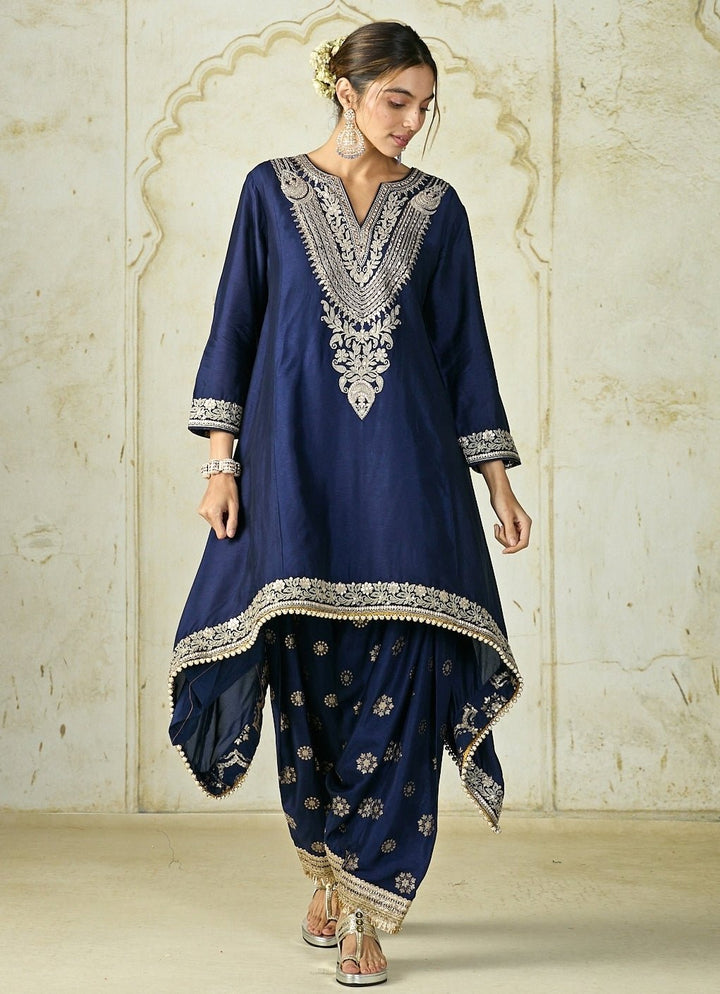 Gopi Vaid Navy Blue Tussar Farshi Salwar Kurta SetFabilicious Fashion