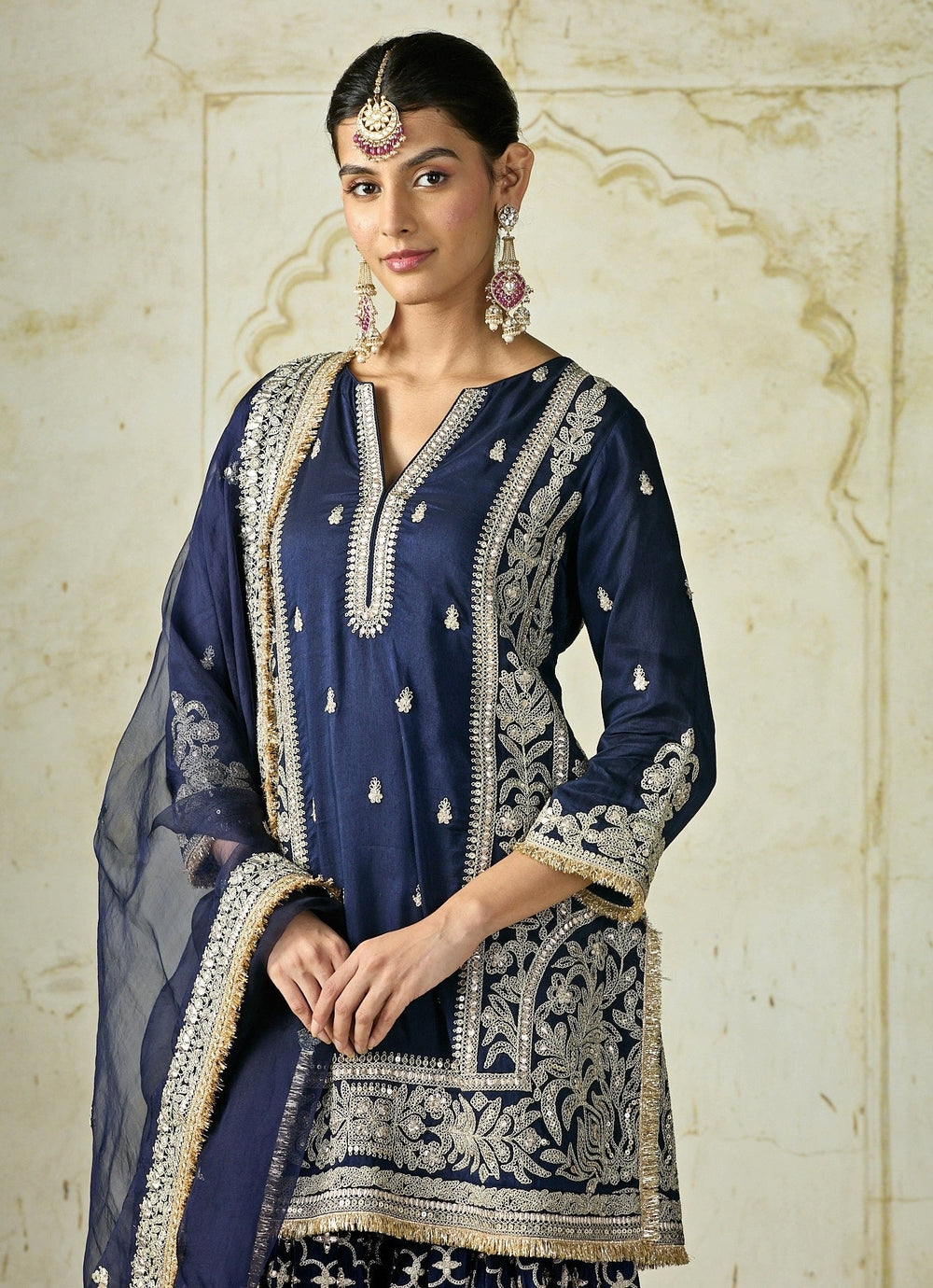 Gopi Vaid Navy Blue Tussar Kurta Sharara SetFabilicious Fashion