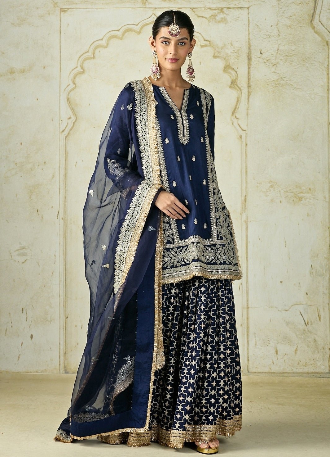 Gopi Vaid Navy Blue Tussar Kurta Sharara SetFabilicious Fashion