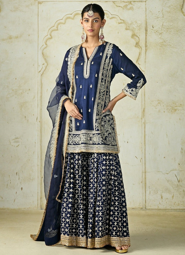 Gopi Vaid Navy Blue Tussar Kurta Sharara SetFabilicious Fashion